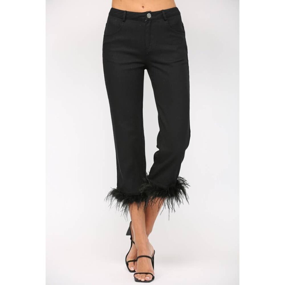 DETACHABLE FEATHER TRIM HEM JEANS